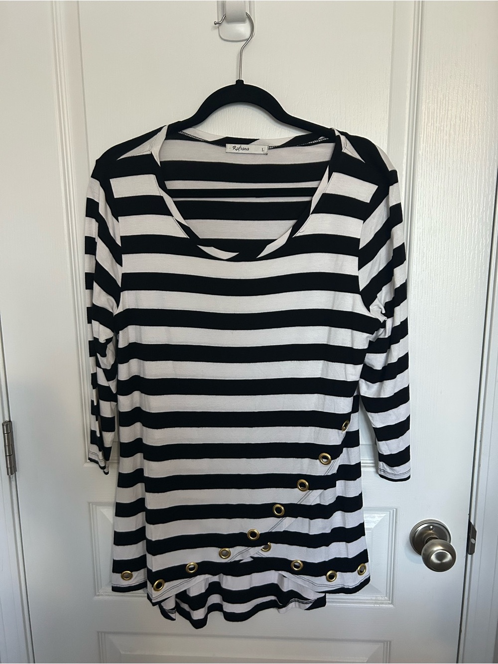Rafiana Black and White Striped Scoop Neck Top with Gold Grommets